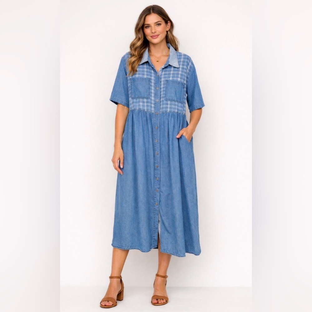 Vintage Monique Fashion Dress Cotton Denim Blue Maxi